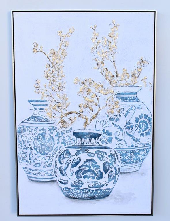 Extra Large Handpainted 3 Blue Pots Gold Flowers Picture