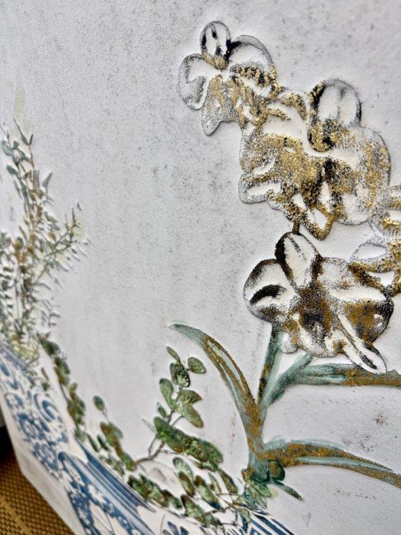 Extra Large Handpainted 3 Pots Green & Gold Flowers Picture