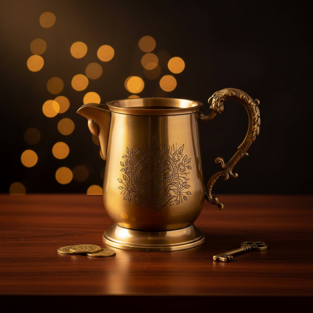 An ornate brass mug with a decorative handle and crest engraving, shown on a plain white background.