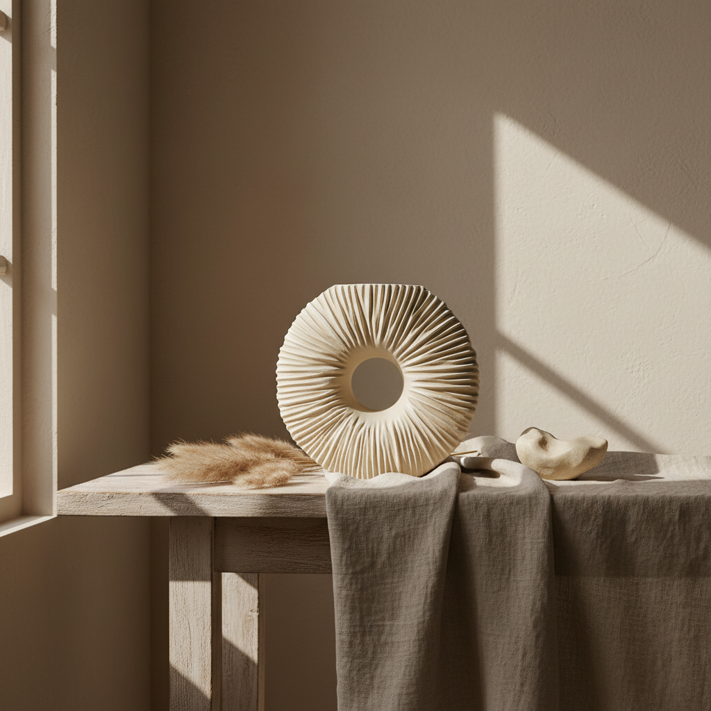 Decorative white circular object with ribbed texture on a white background
