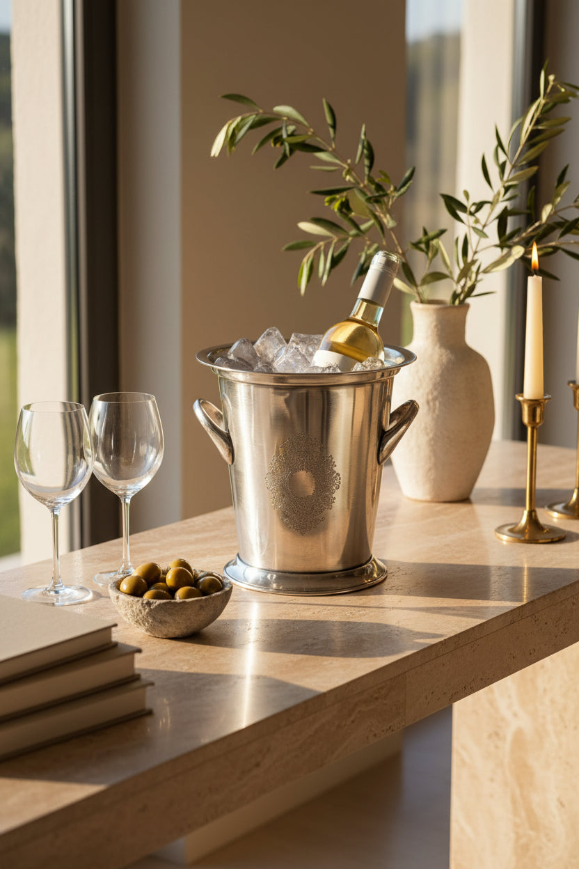 A polished silver metal ice bucket with two side handles and a decorative floral mandala engraving on the front, set against a plain white background.