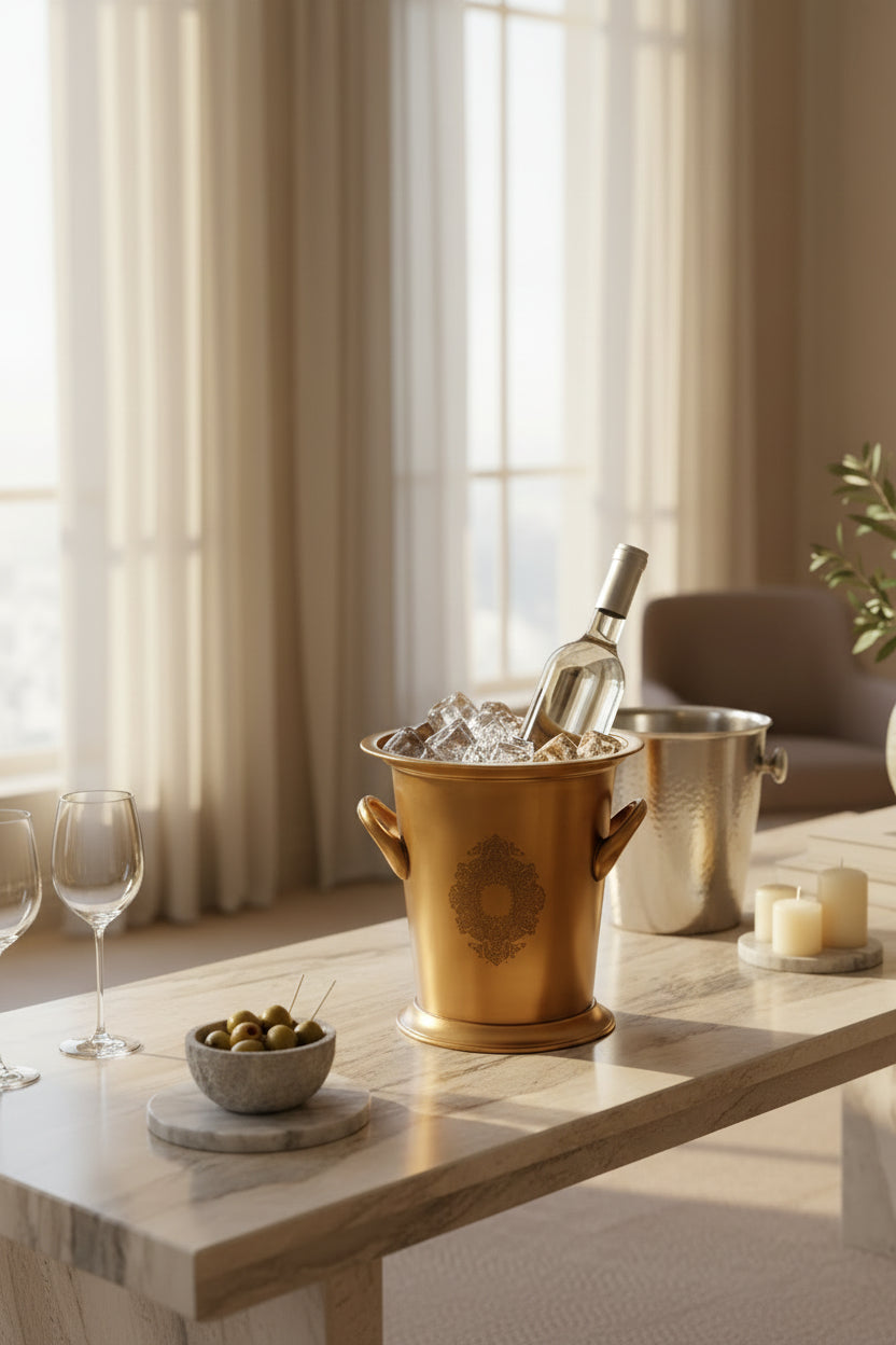 A polished brass ice bucket with two side handles and a decorative circular medallion on the front, set against a plain white background.