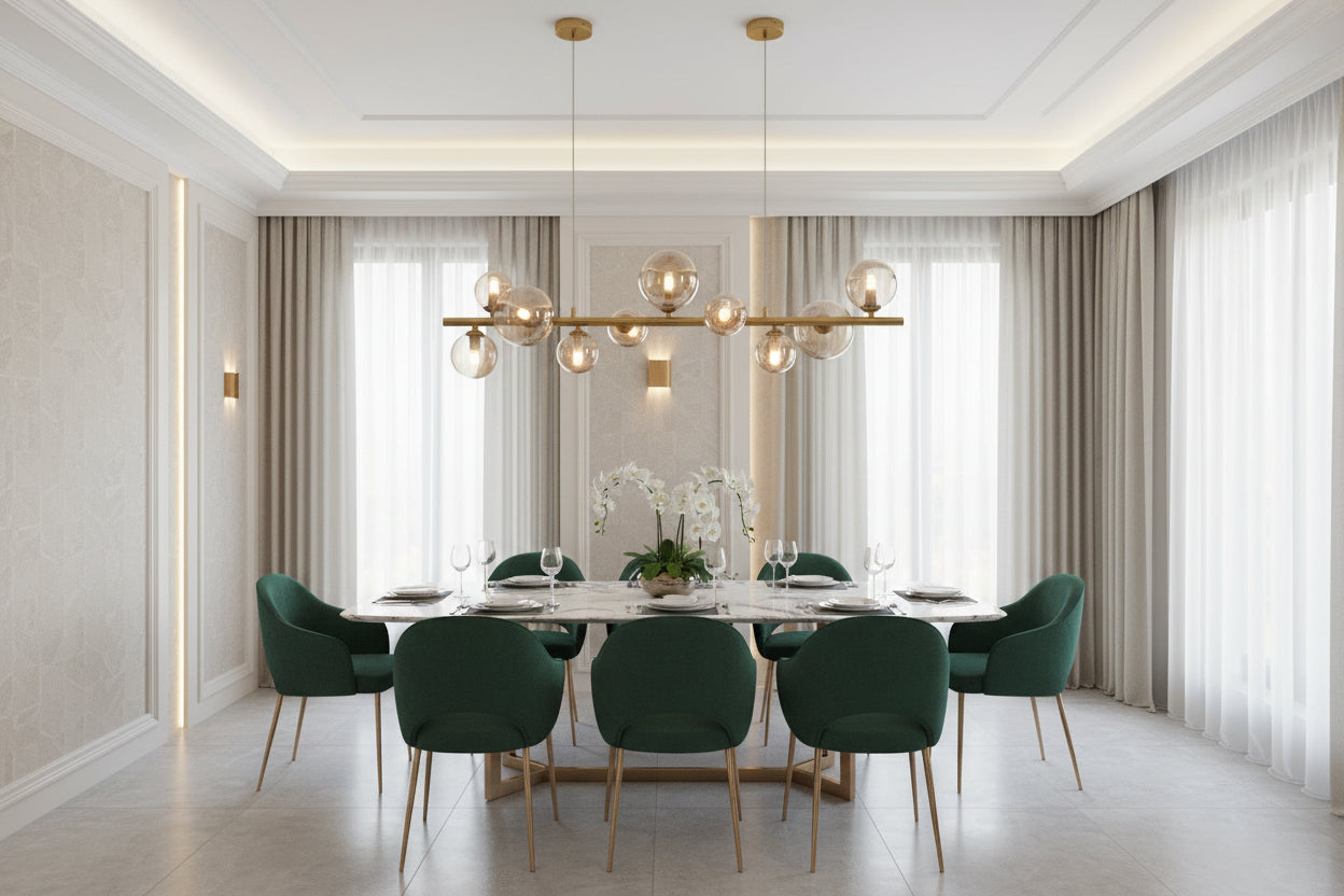 Modern chandelier with gold fixtures and glass bulbs on a black background