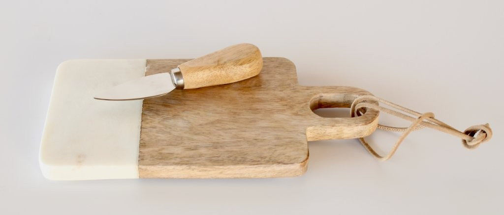 WOOD & MARBLE CHEESE BOARD WITH KNIFE