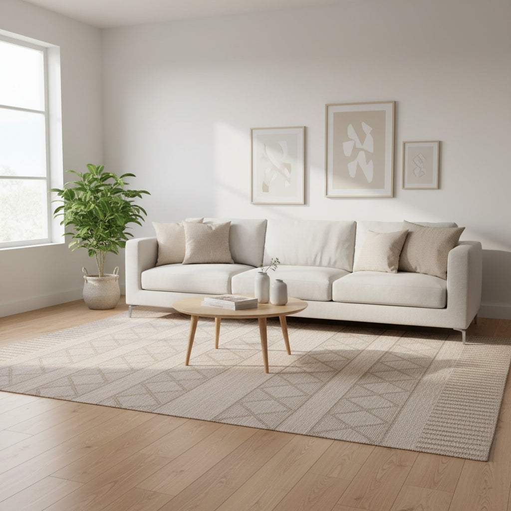 Textured beige and brown diamond patterned rug with a close-up detail.