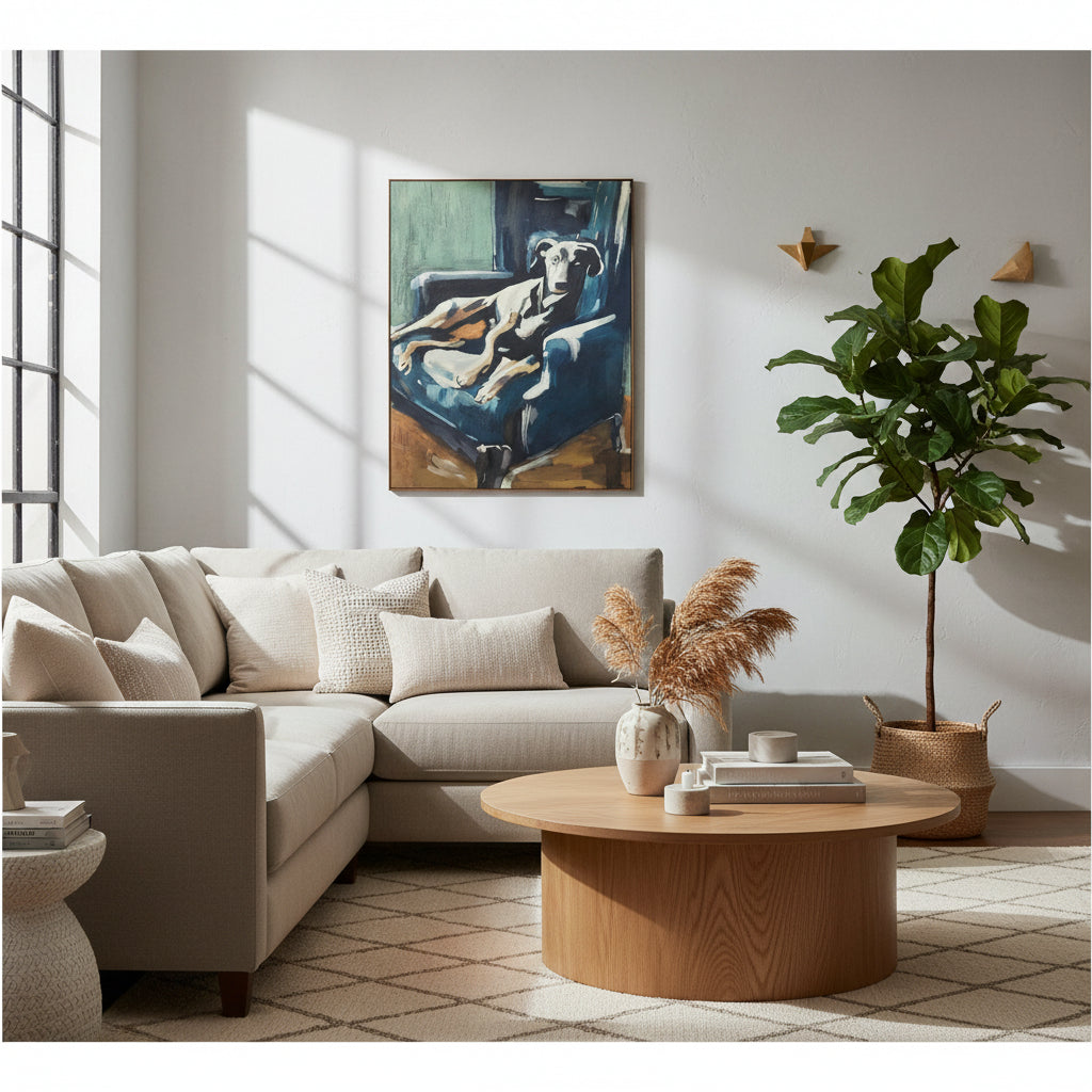 An oil painting depicting a dog lounging comfortably in a dark blue armchair, rendered in expressive brushstrokes of blue, brown, beige, and green.