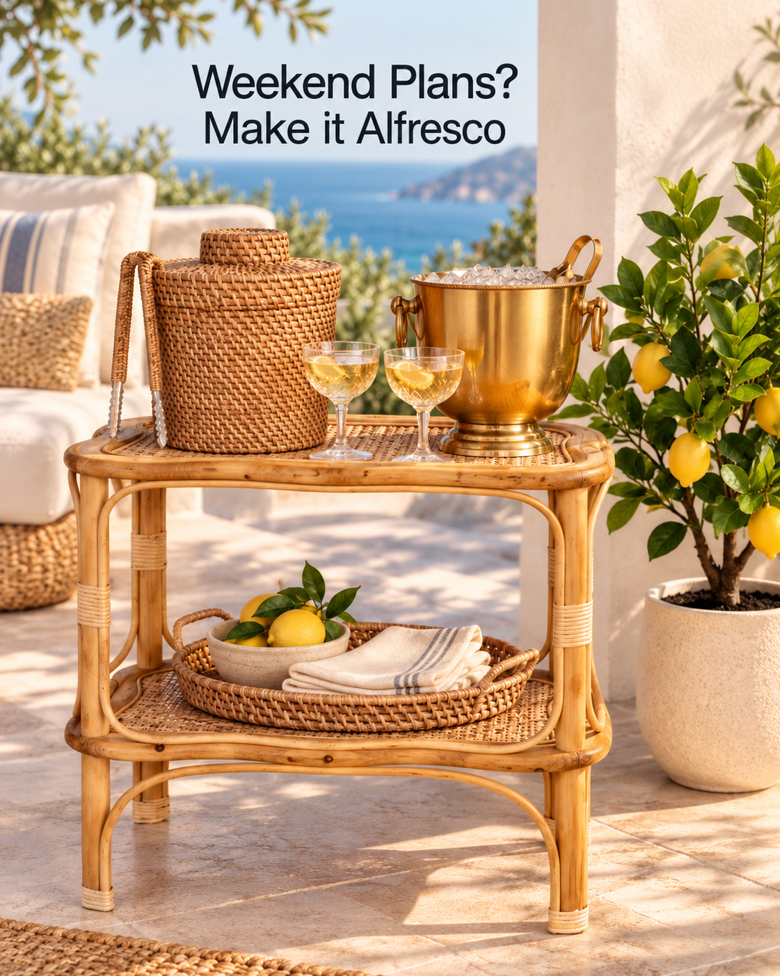 Rattan Scallop Side Table with Shelf