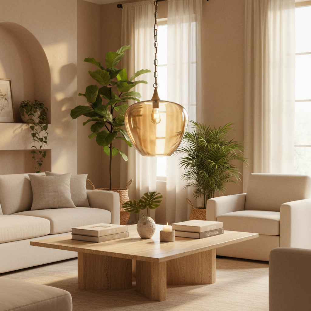 Pendant light with a glass shade and brass fitting on a black background