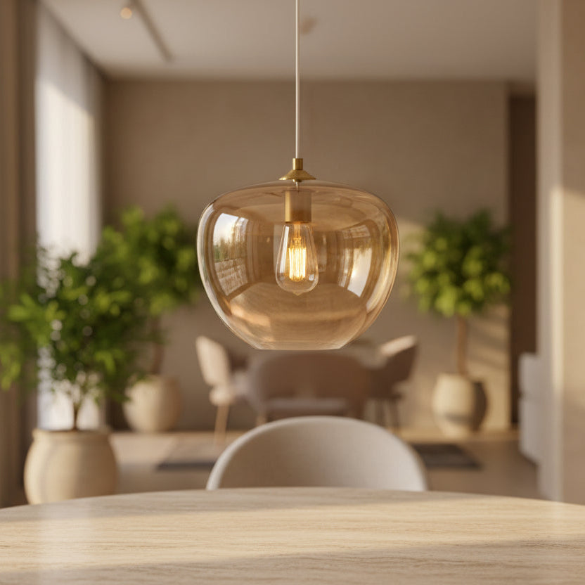 Pendant light with glass shade and gold fixture on a black background