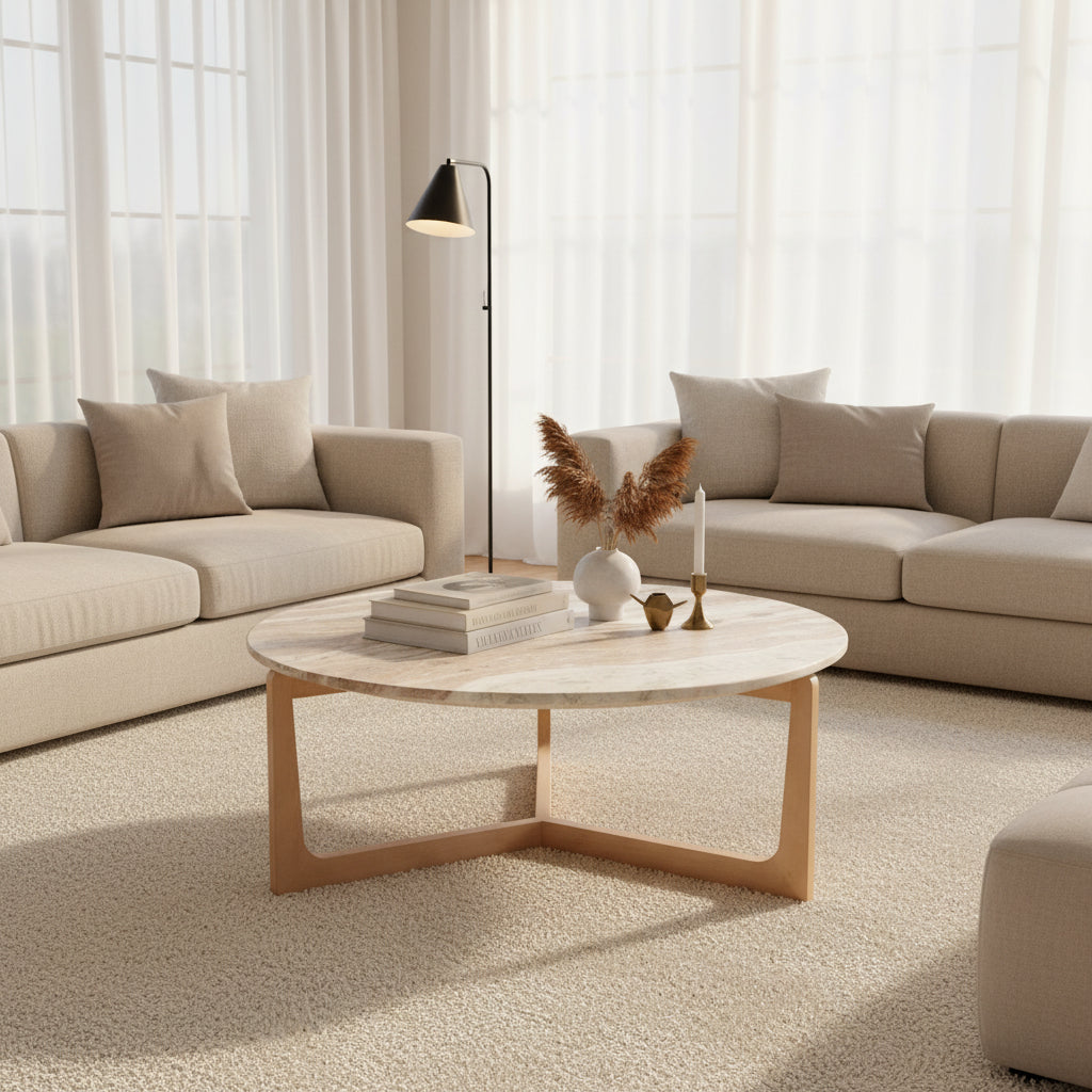Round marble coffee table with a beige base on a white background