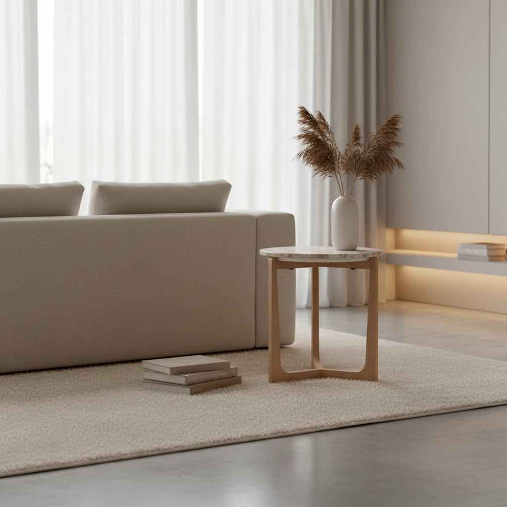 Small round table with marble top and wooden legs on a white background