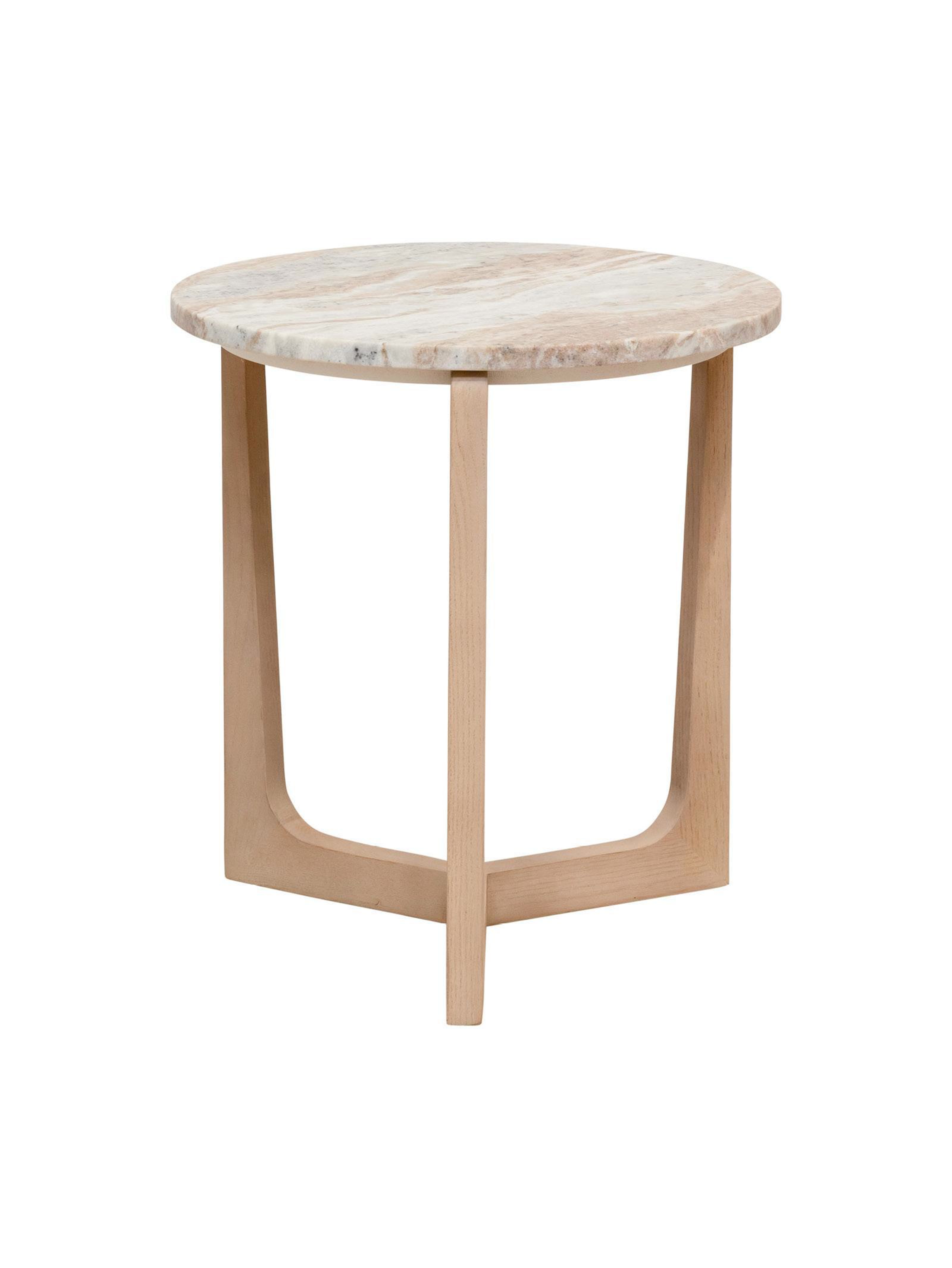 Round side table with marble top and wooden legs on a white background