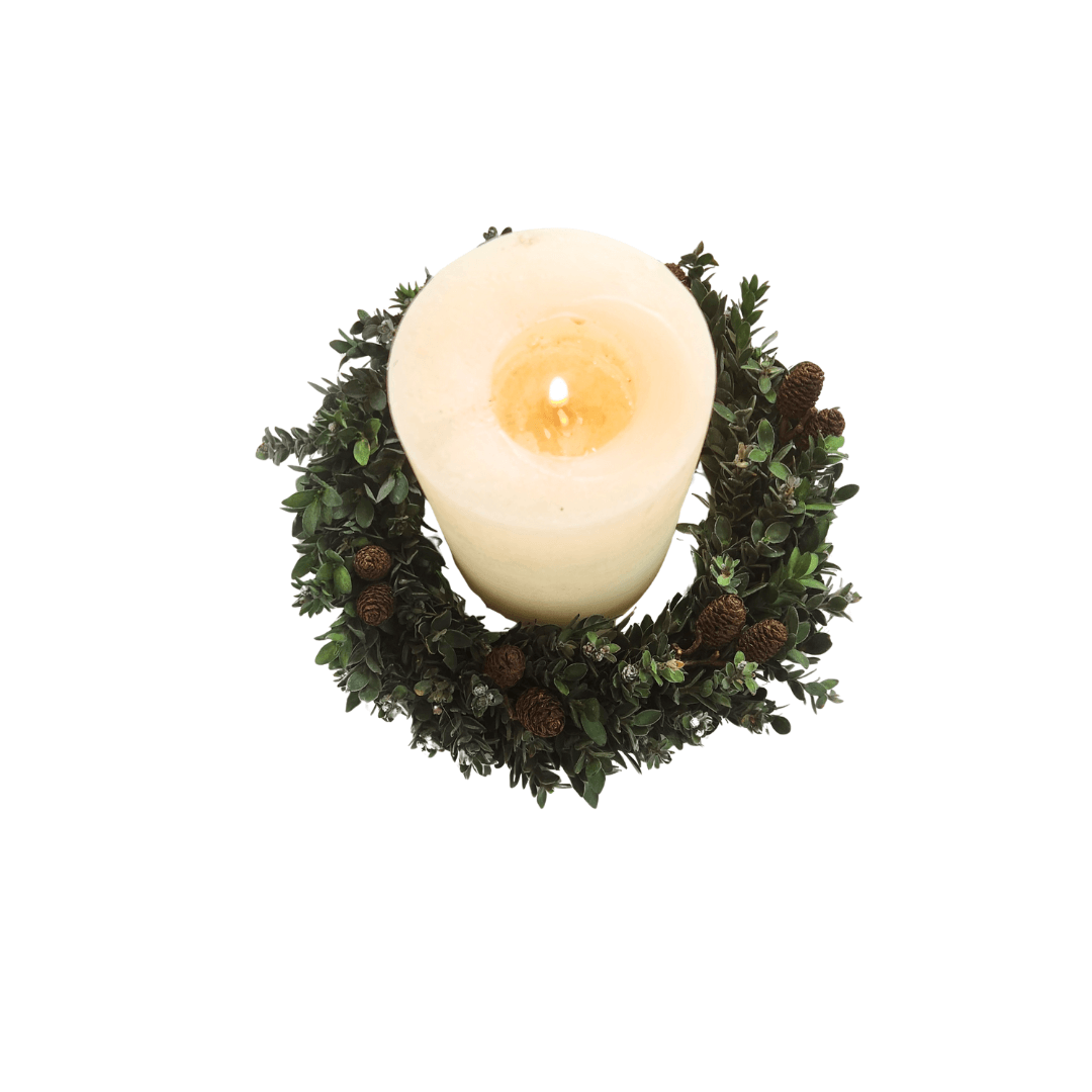 Buxifolia & Cone Mix Green Candle Wreath in a Box