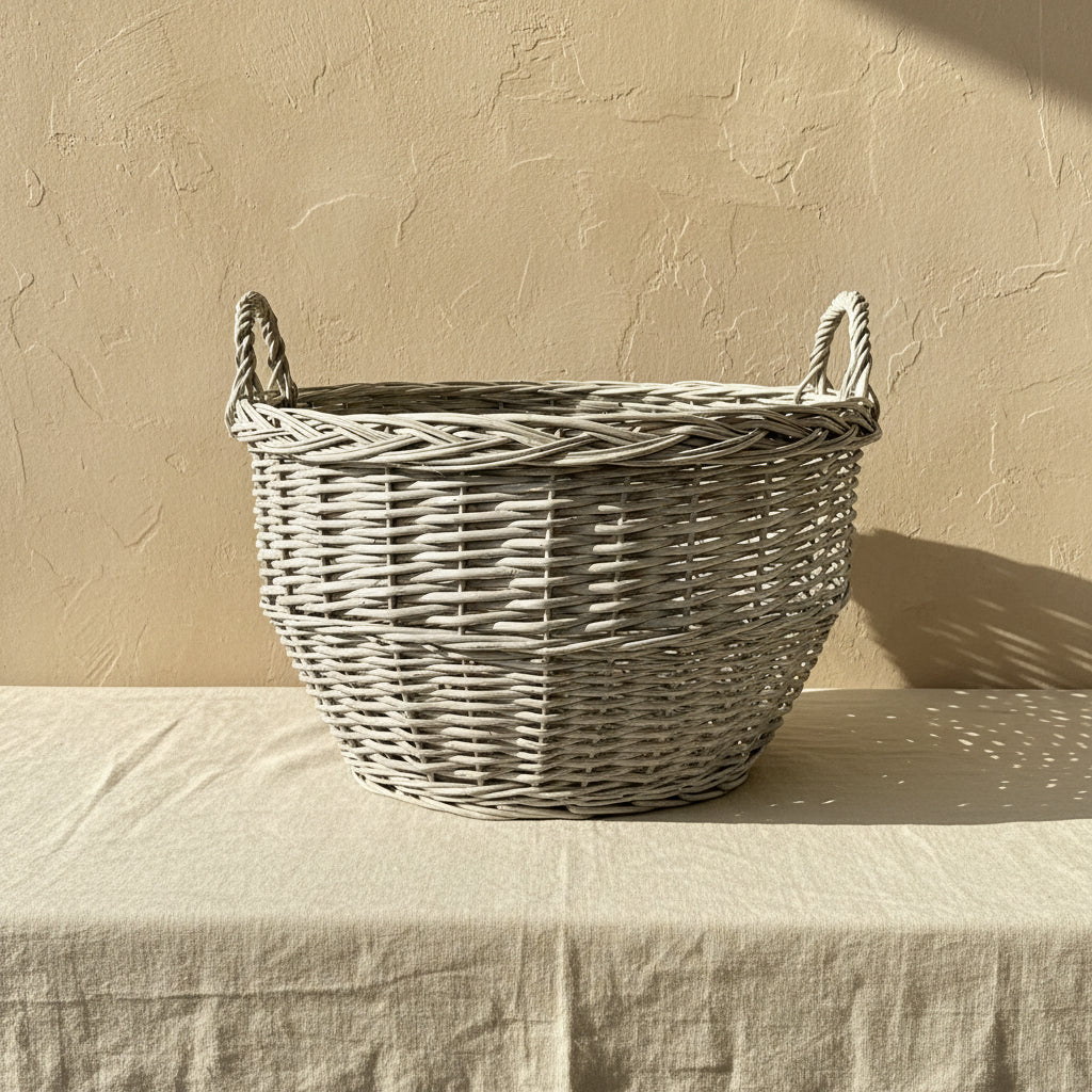 Wicker basket with handles on a wooden surface against a green background