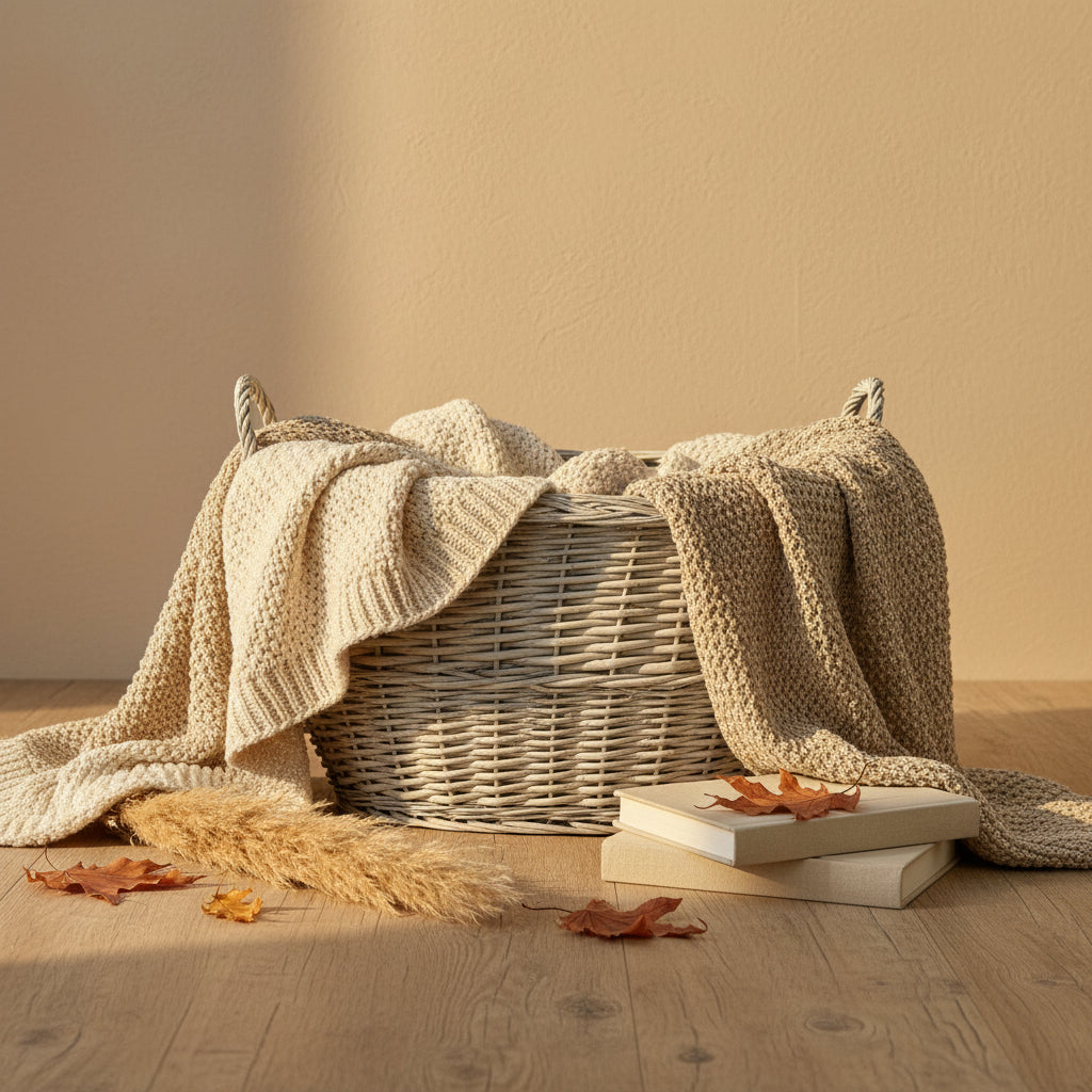 Wicker basket with handles on a wooden surface against a green wall