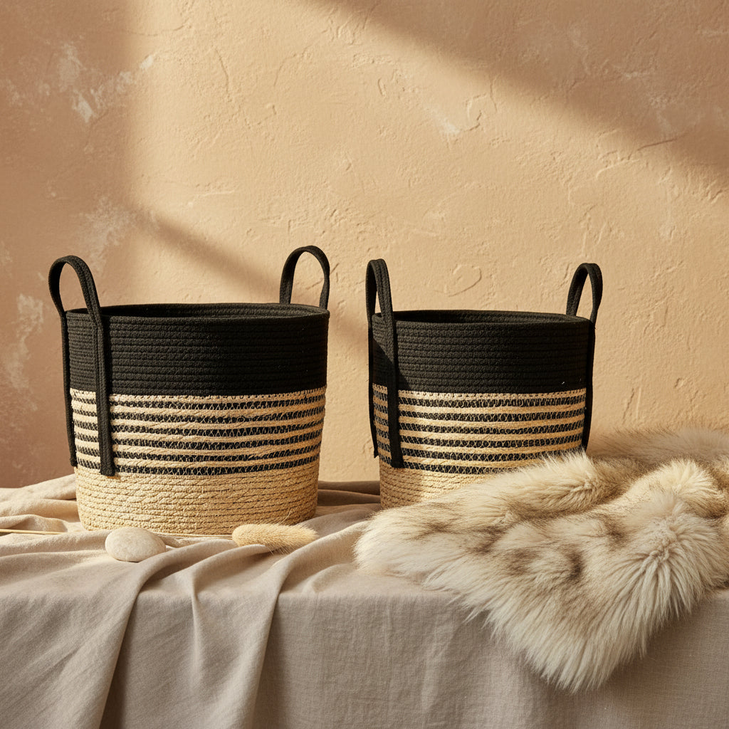Two woven baskets with black and natural striped design on a wooden surface with a green background.