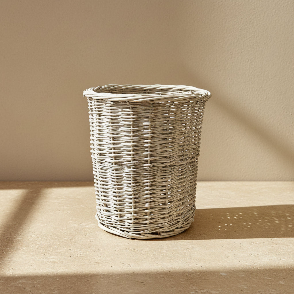 Wicker basket on a wooden surface with a green background
