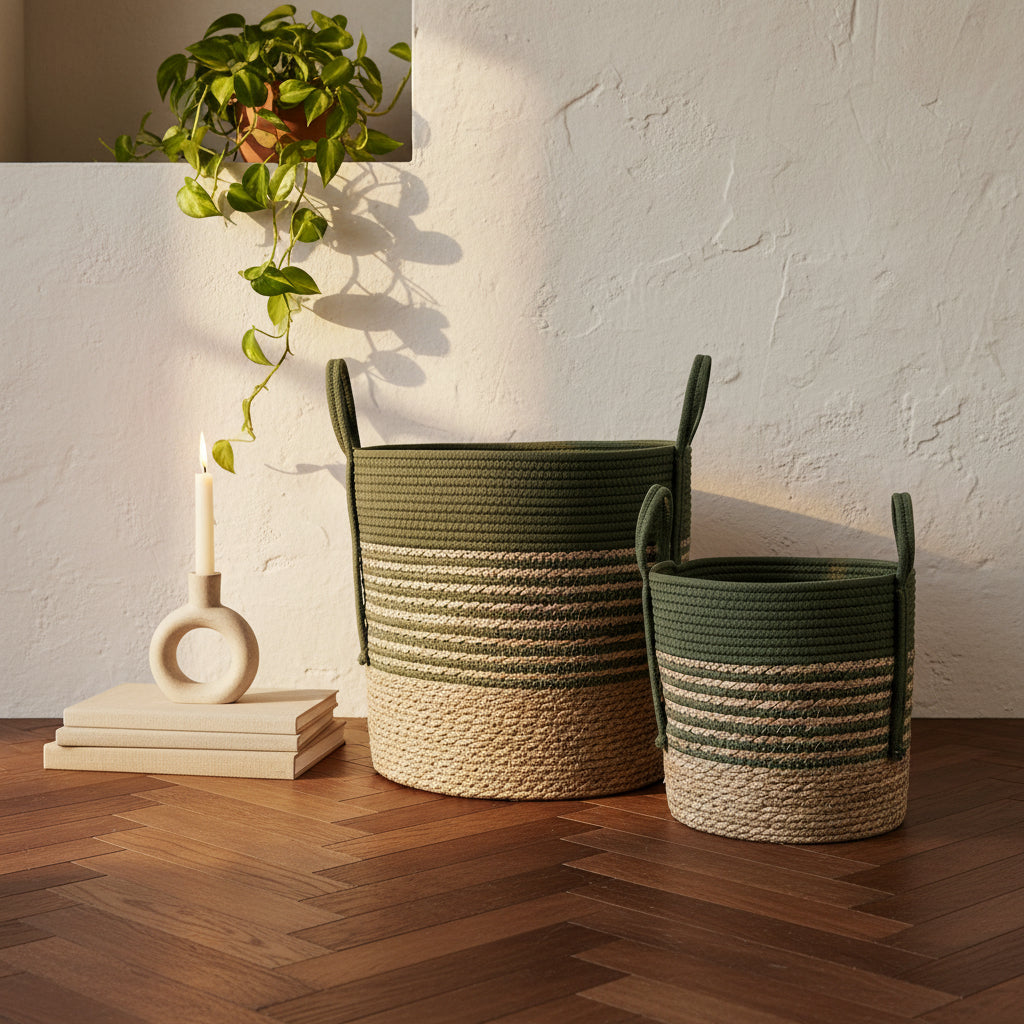 Two woven baskets with handles on a wooden surface against a green wall.