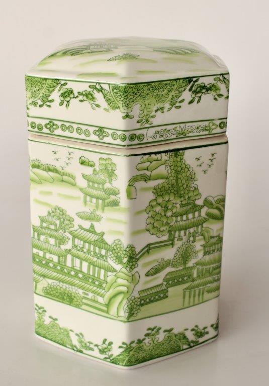 Large Lime Green Chinese Hexagonal Jar with Lid