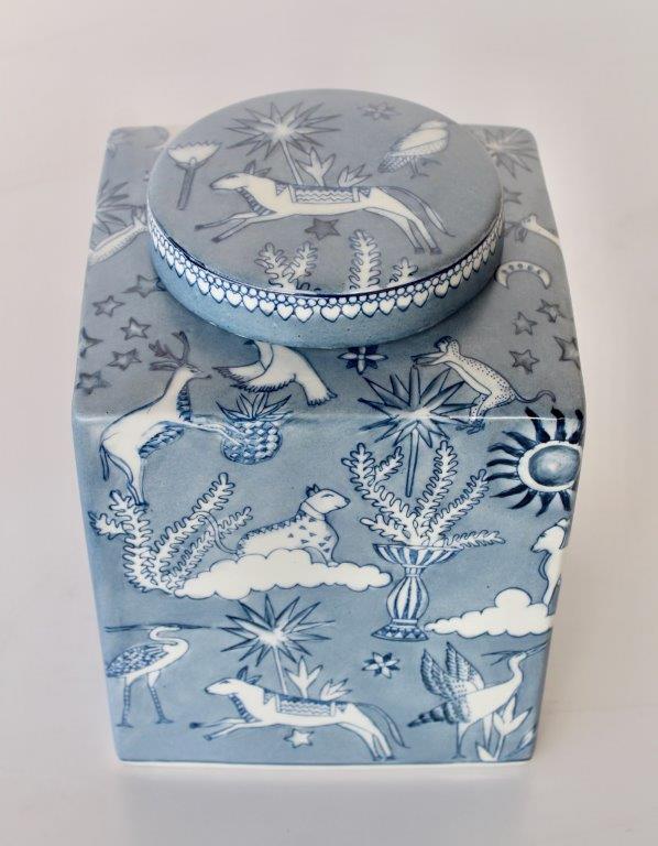 Large Blue & White Tiger Moon Square Jar with Lid