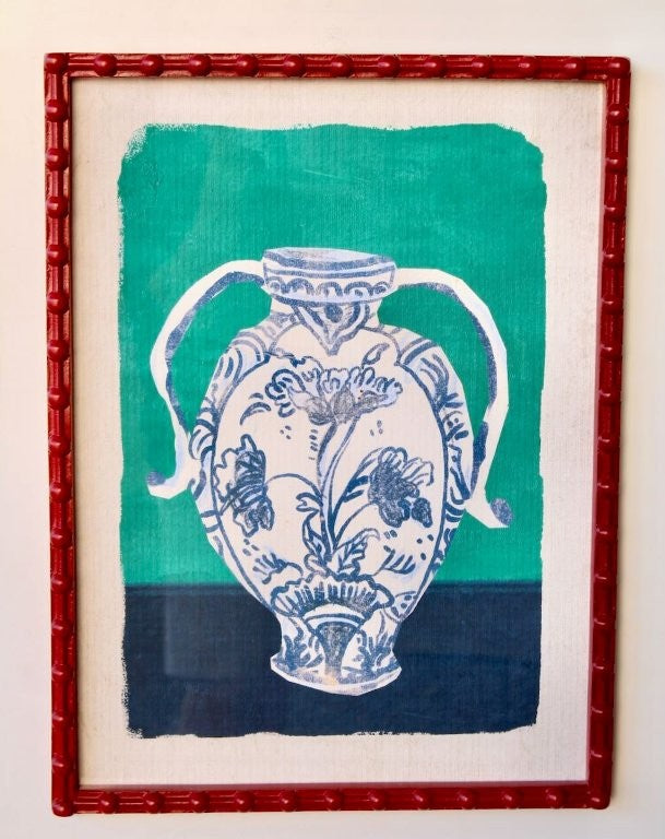 Blue Jug with Aquamarine Background in Red Bobble Frame Picture