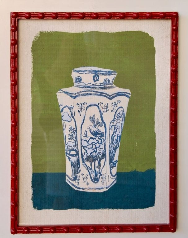 Blue Vase with Green Background Picture in Red Bobble Frame