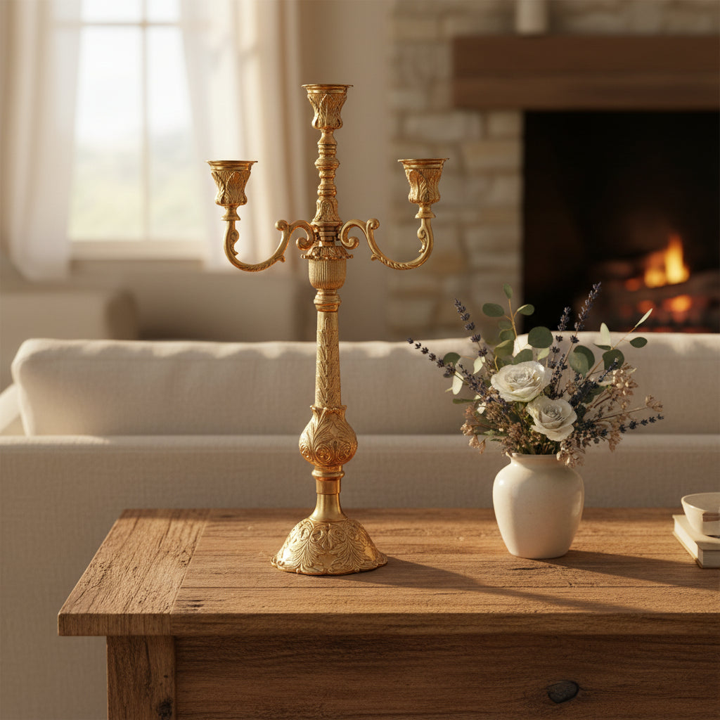 An ornate three-arm candelabra candlestick holder in a polished gold finish, featuring intricate scrollwork and decorative floral engravings, set against a plain white background.