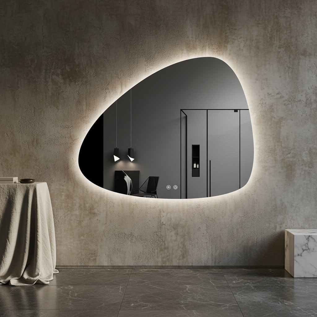 Modern interior design with a glass shower enclosure, chair, and lamp in a dimly lit room.