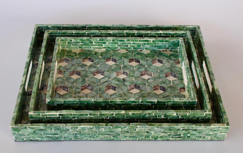 Set of 3 Green Geomteric Rectangular Capiz Trays