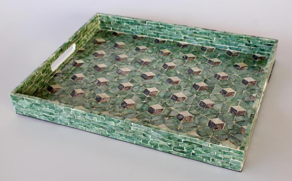 Set of 3 Green Geomteric Rectangular Capiz Trays