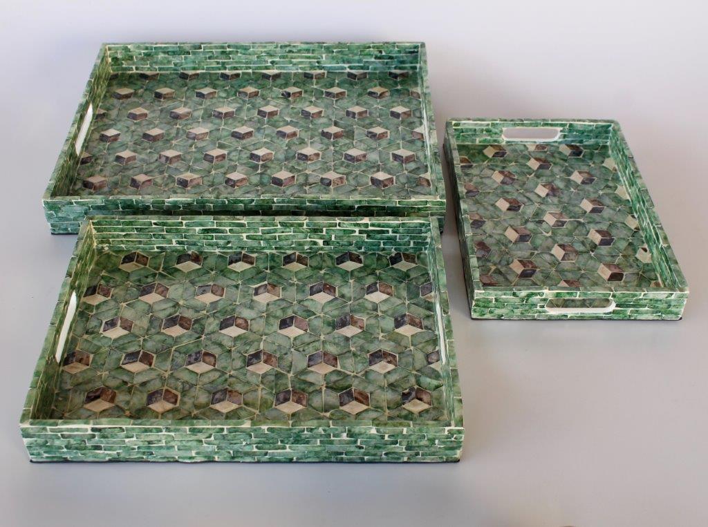 Set of 3 Green Geomteric Rectangular Capiz Trays