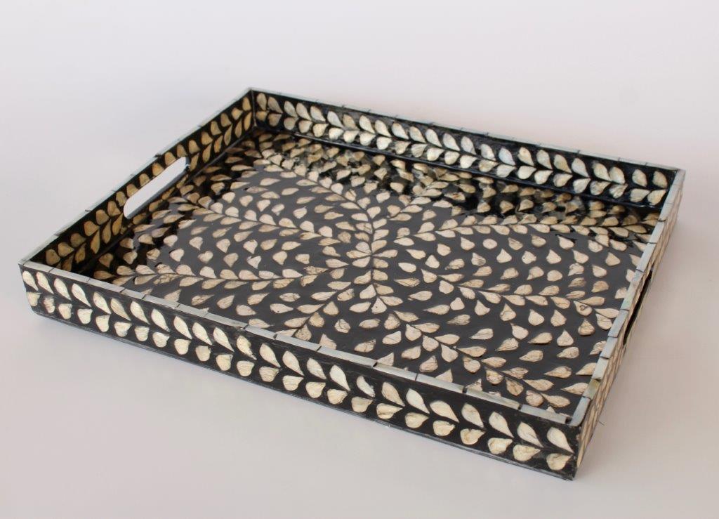 Set of 3 Black and Silver Rectangular Capiz Trays