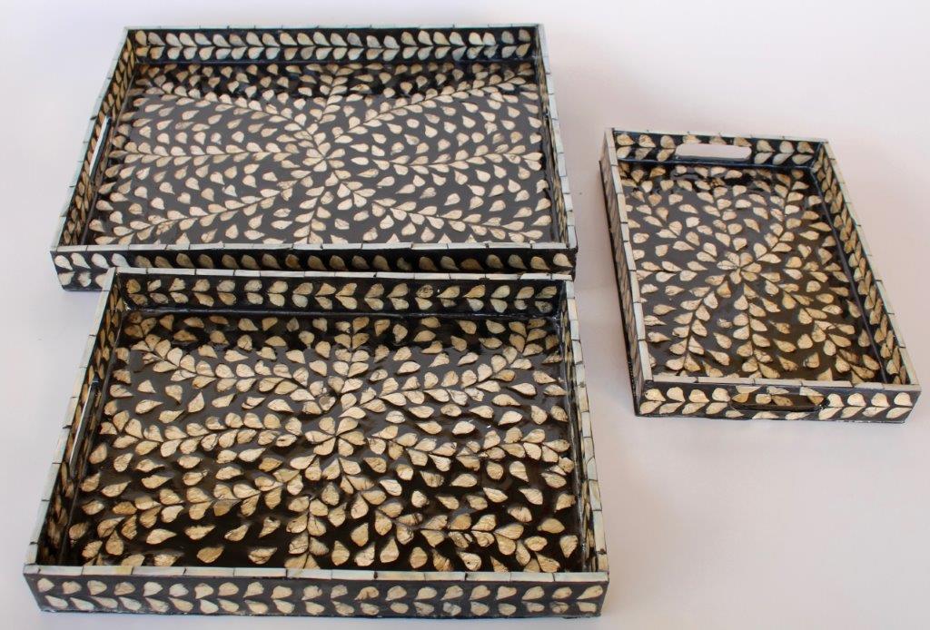 Set of 3 Black and Silver Rectangular Capiz Trays