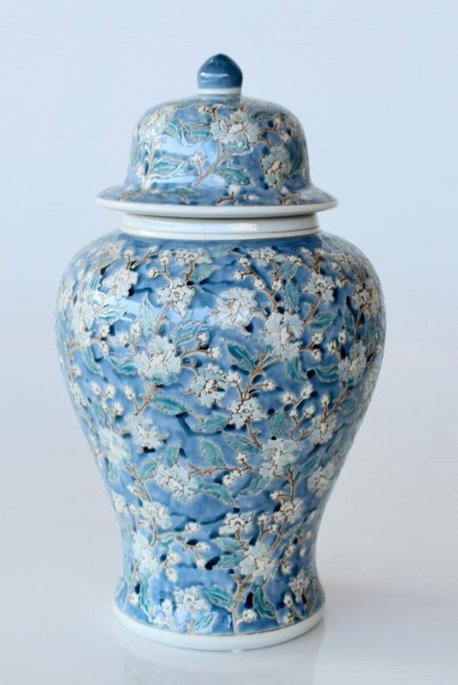 LARGE BLUE EMBOSSED FLORAL GINGER JAR