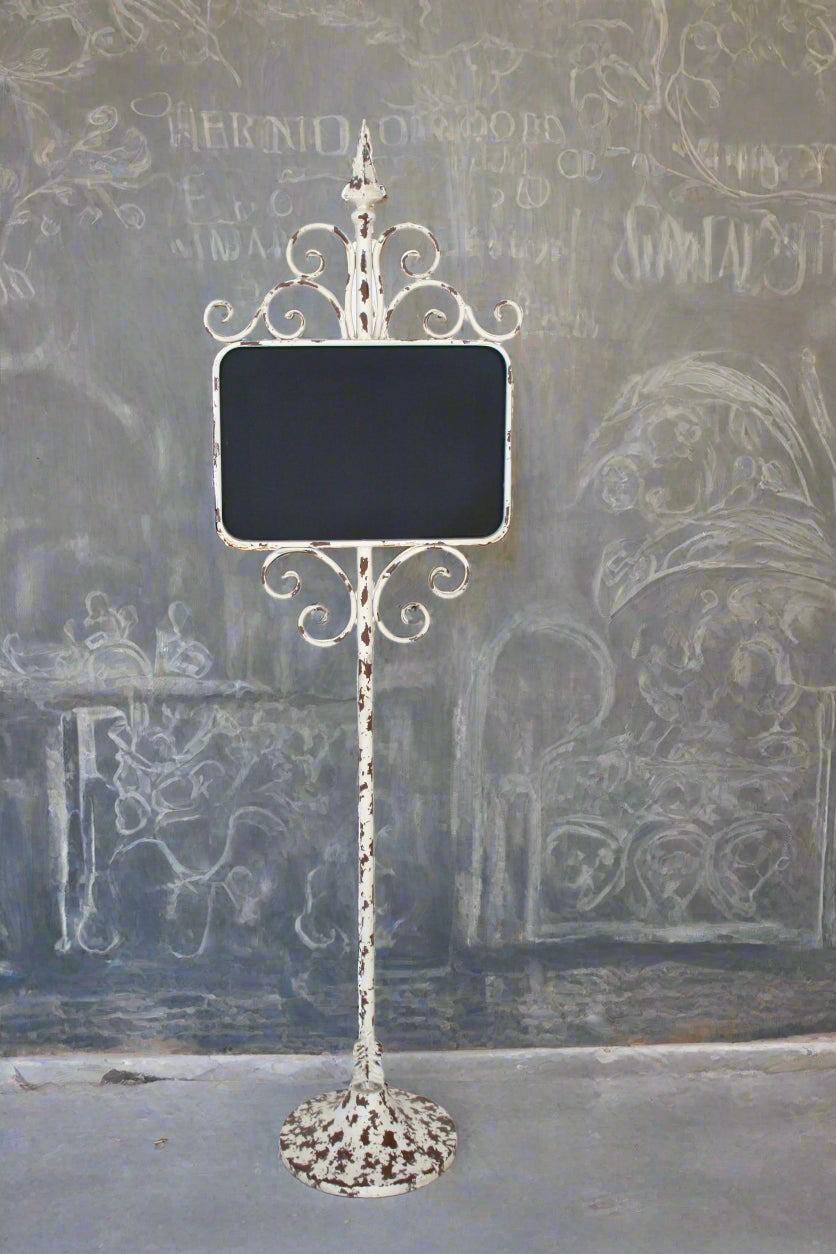 CREAM METAL DISTRESSED BLACK BOARD ON STAND
