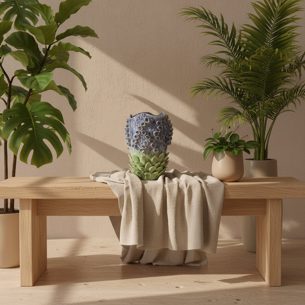 Ceramic vase with textured surface and gradient color on a plain background