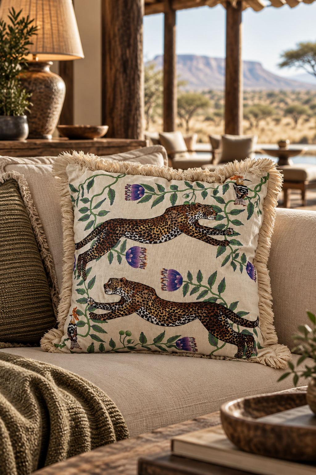 Linen Embroidered Beaded Cushion Cover - Cheetah