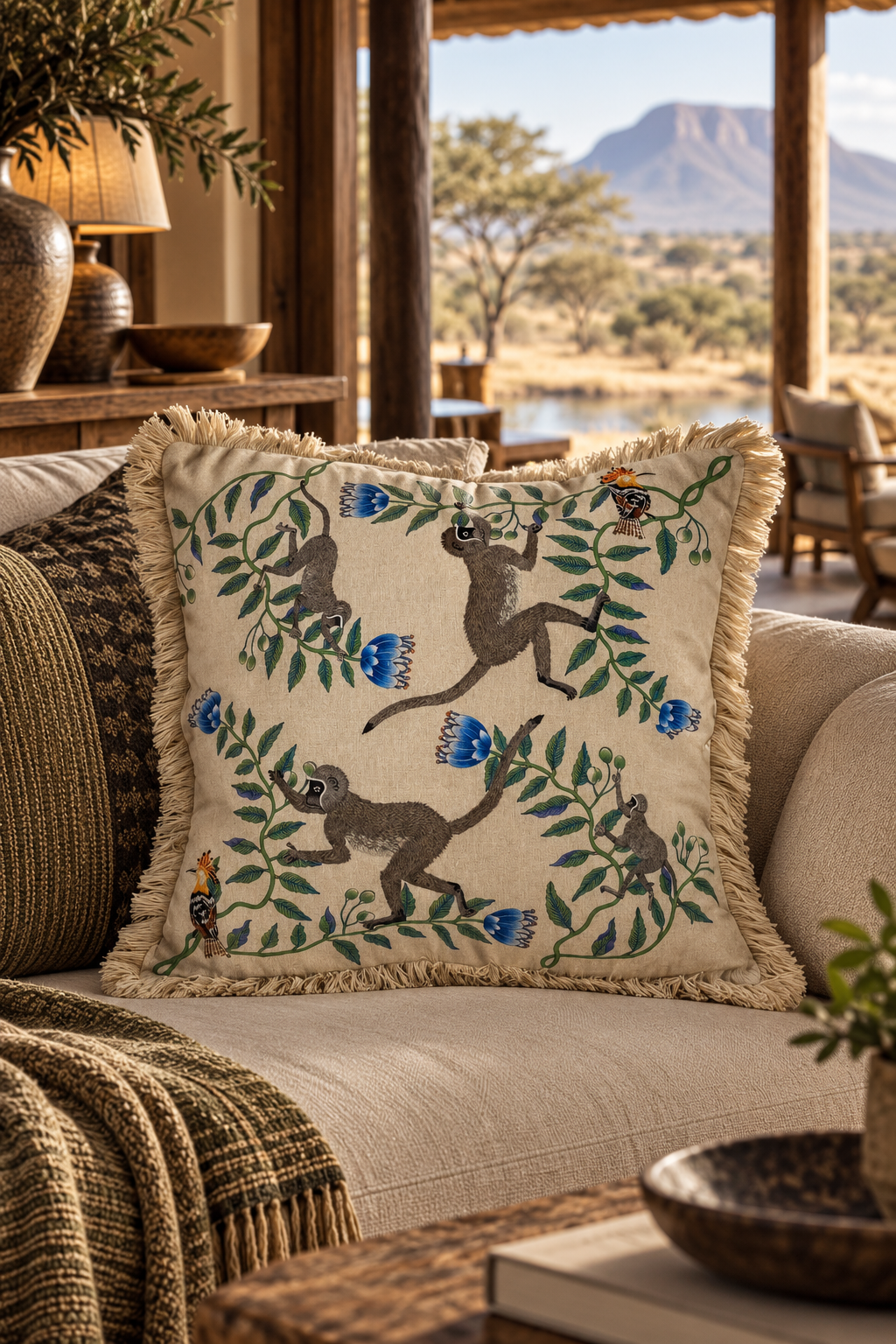 Linen Embroidered Beaded Cushion Cover - Monkey