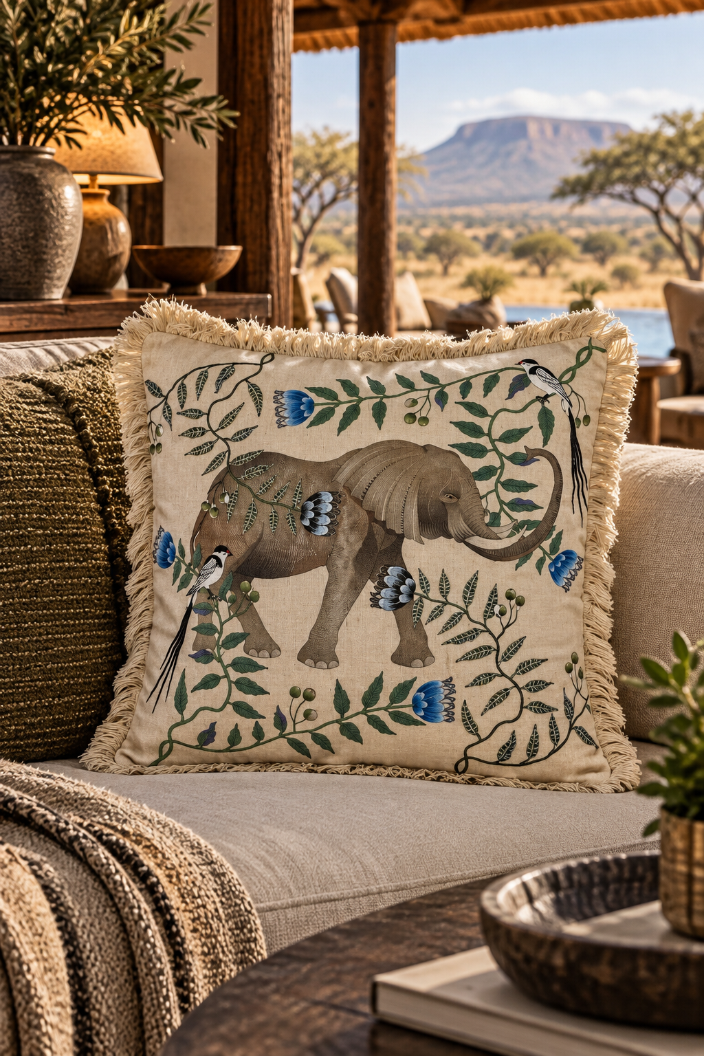 Linen Embroidered Beaded Cushion Cover - Elephant