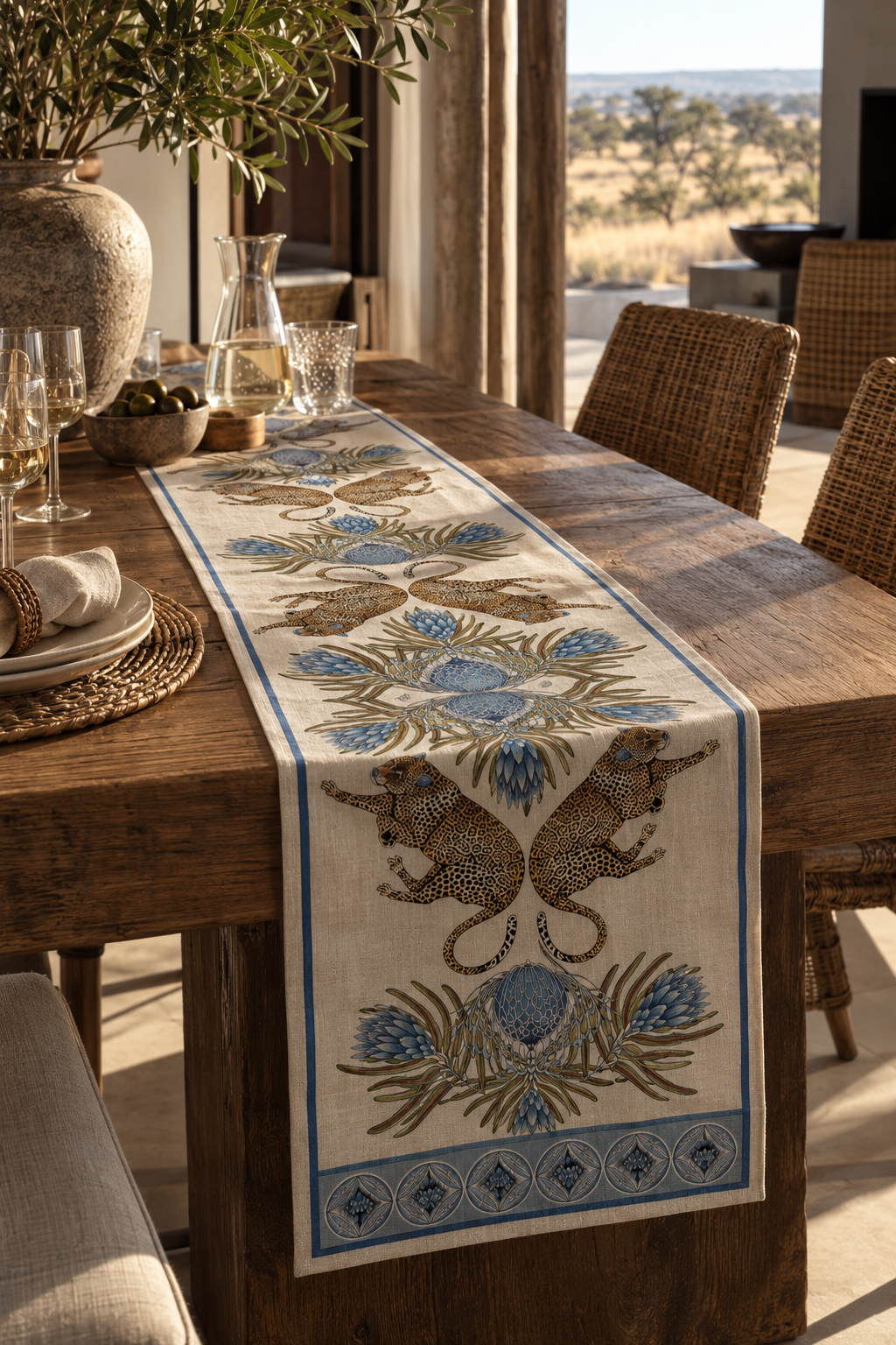 Table Runner Natural Linen - Blue
