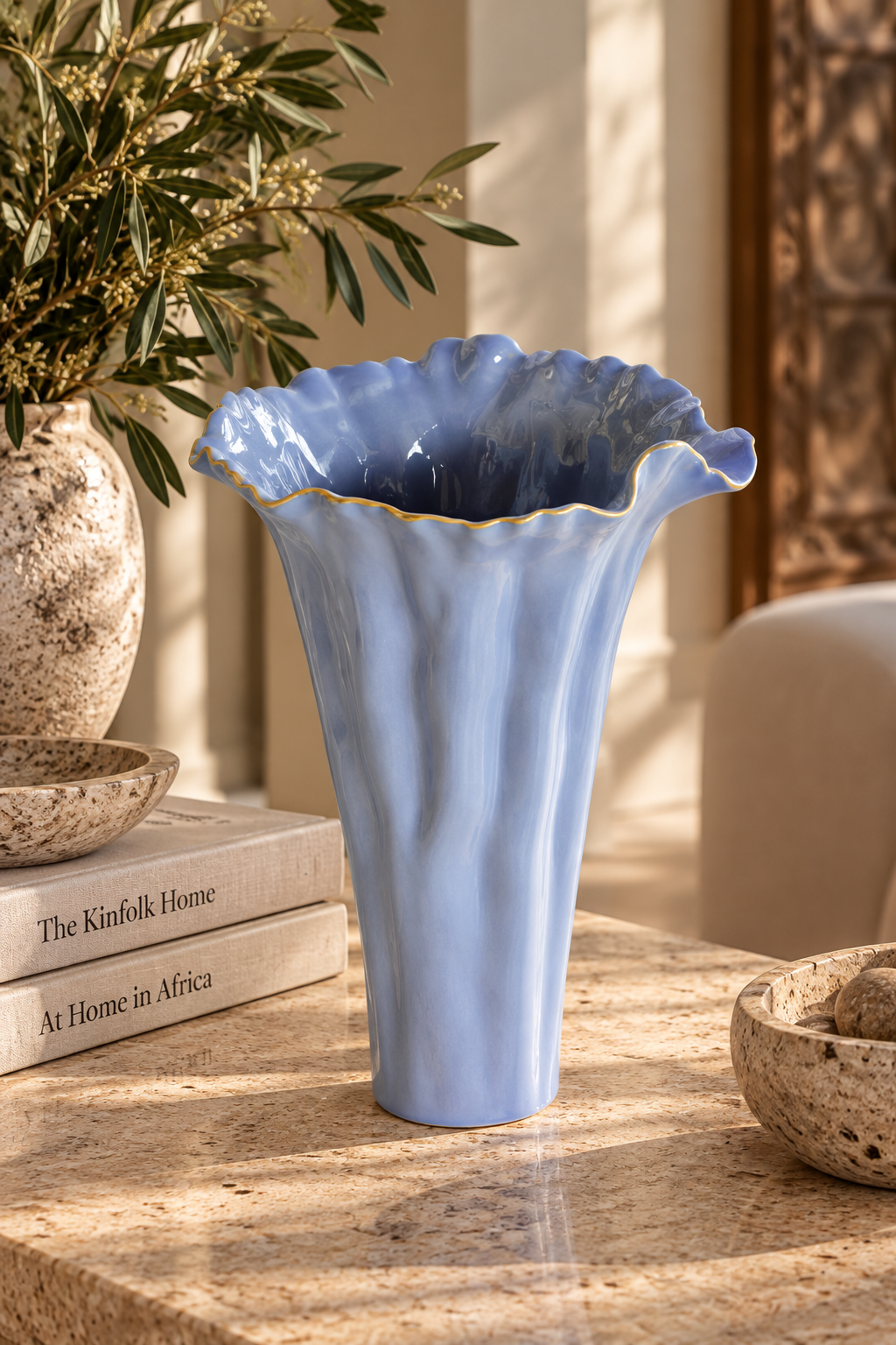 Large Periwinkle Blue Ceramic Fluted Vase
