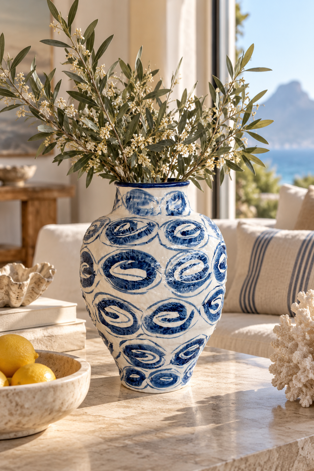 Large Blue Swirl Dot Ceramic Vase