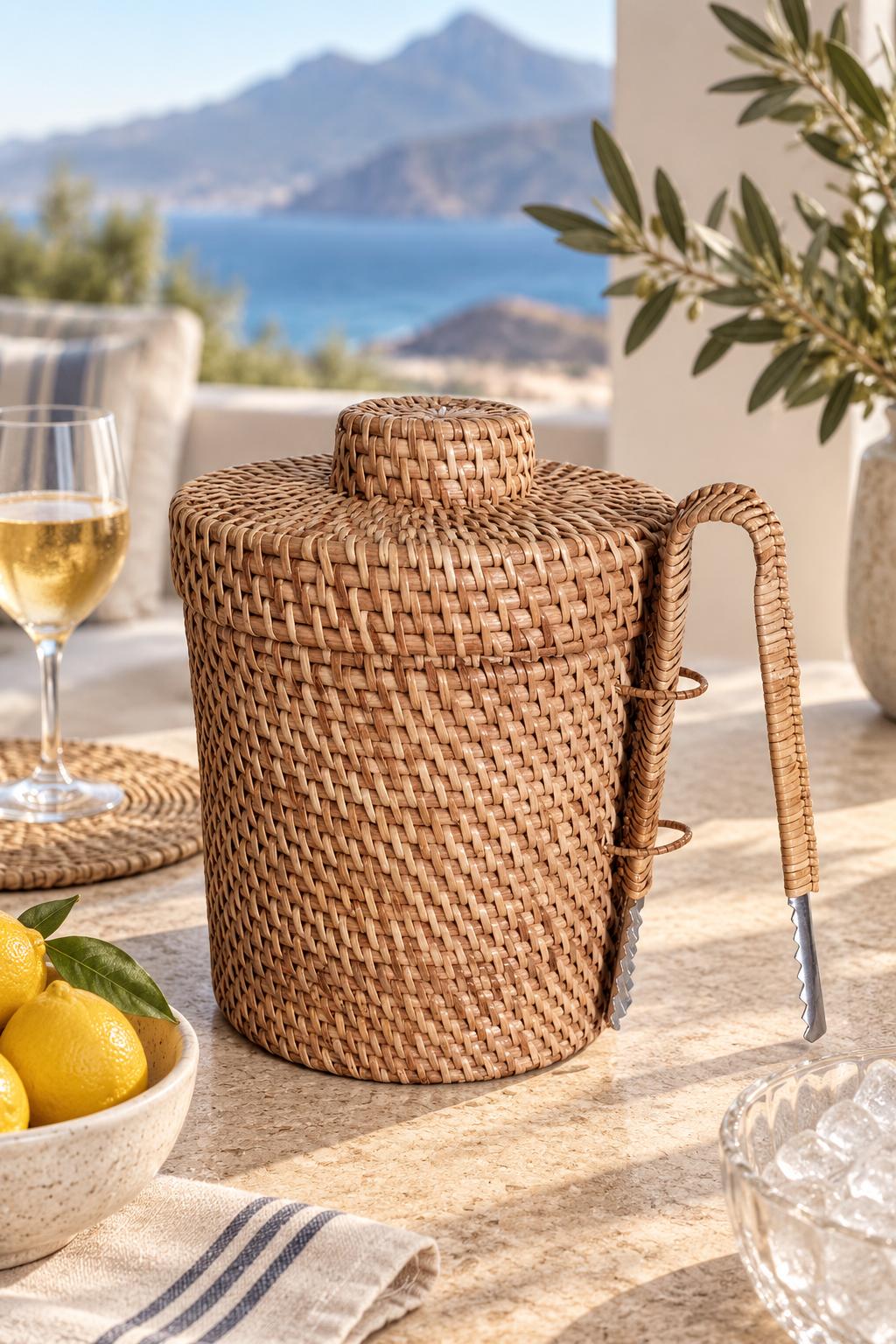 RATTAN ICE BUCKET WITH LINING & TONG SET