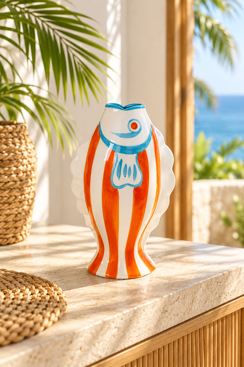 Extra Large Blue and Orange Striped Fish Jug
