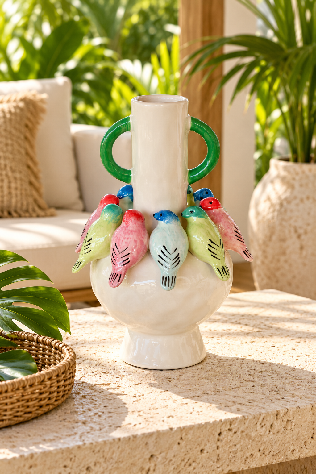 Multi-Colour Bird Vase with Green Handles