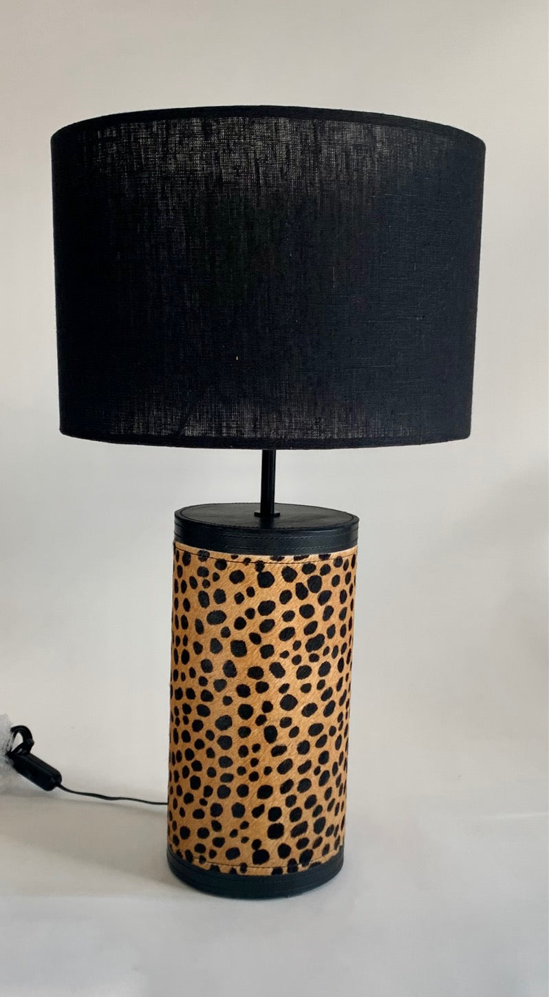 Cheetah Print Tube Lamp with Leather Trim and Black Linen Shade