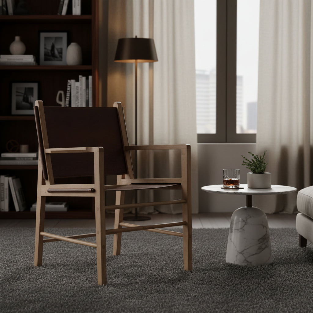 Chair with brown leather seat and backrest on a white background