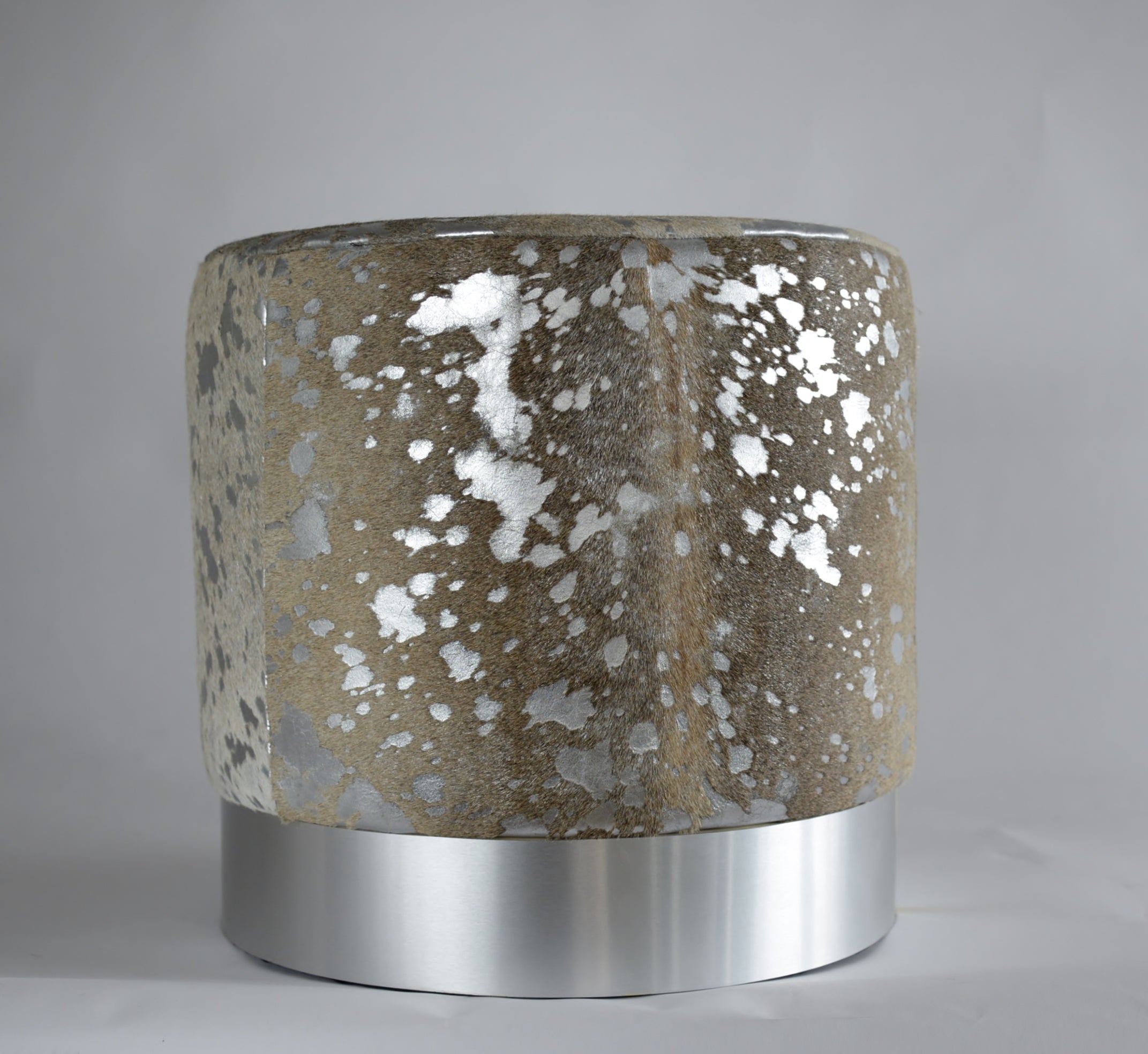 Cow Skin Silver Devore Ottoman with silver band