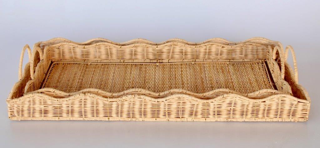 Set of 2 Large Natural Cane Trays with Scalloped Edges