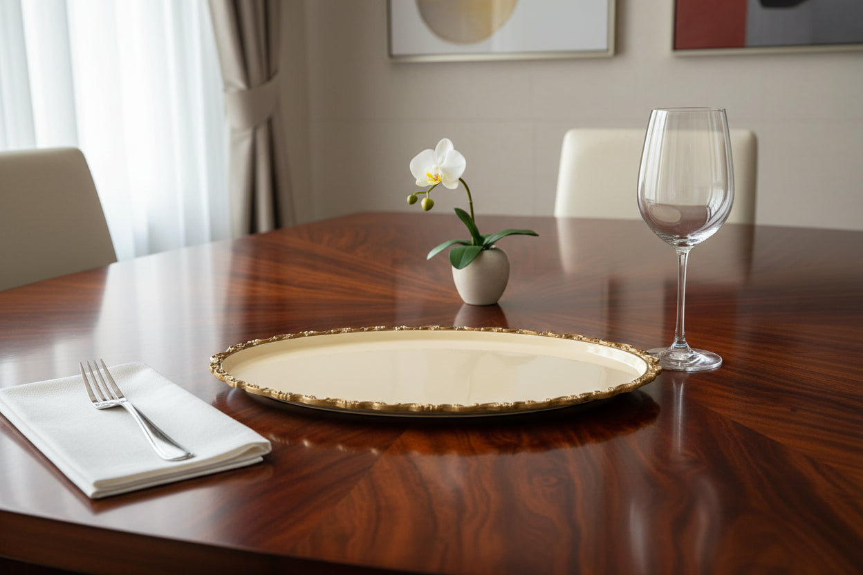 Decorative oval tray with gold rim on a white background